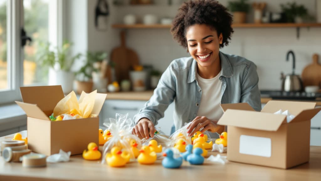 Colorful themed rubber ducks arranged for display